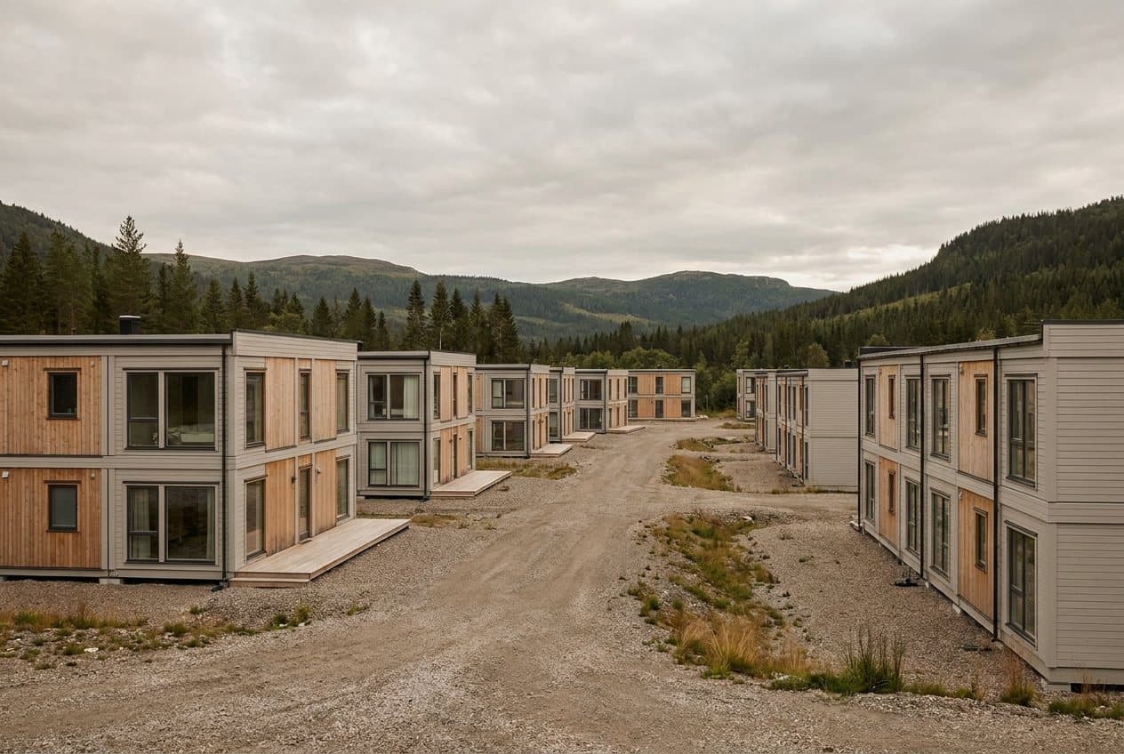 Brakkeby med modulbygg i norsk landskap — AI-generert illustrasjon