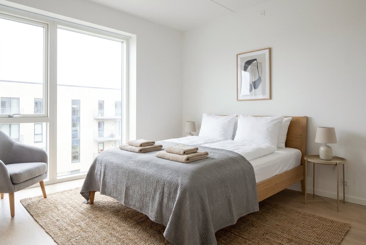 Bright apartment with a made bed and towels — AI-generated illustration