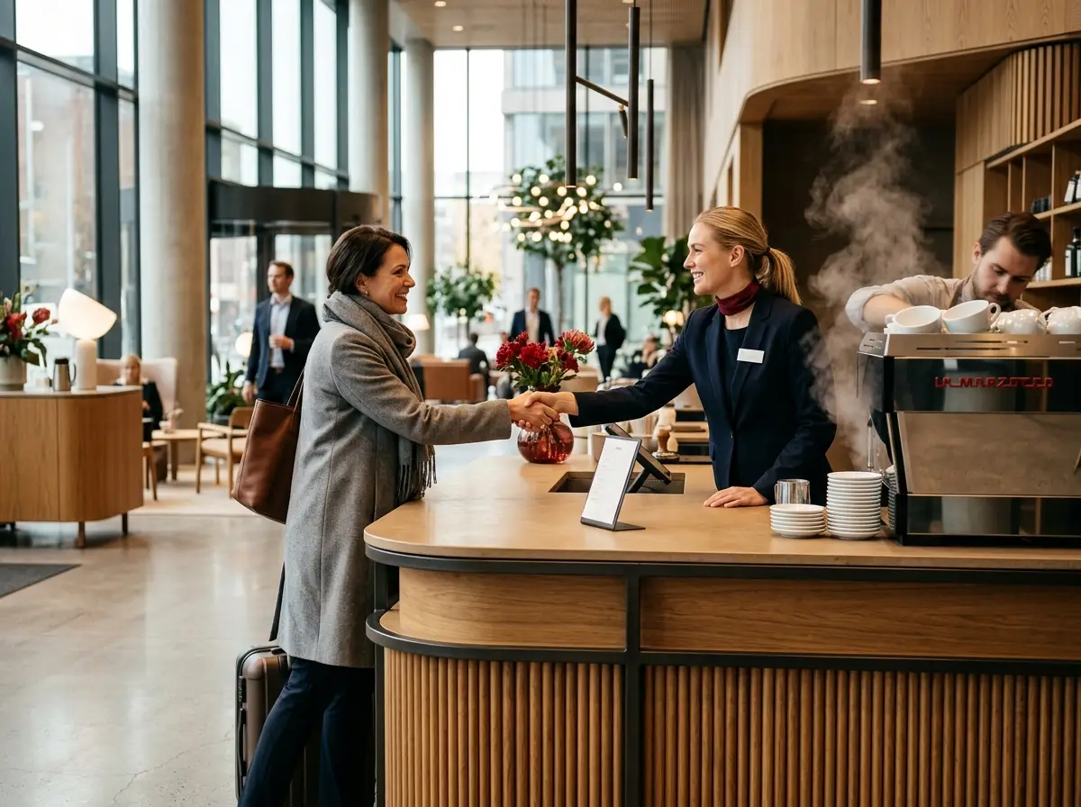 AI-generated illustration: combined reception and coffee bar with a host