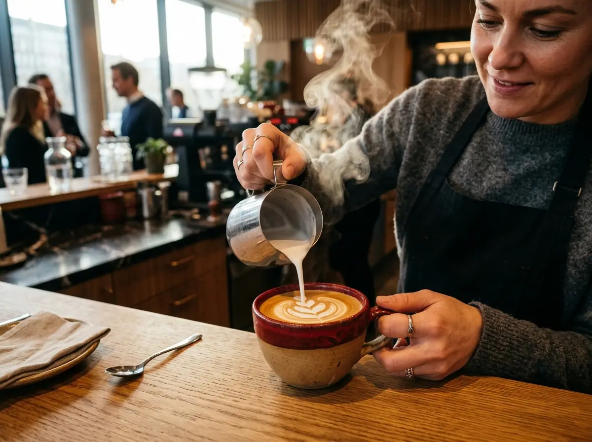 AI-generated illustration: barista pouring latte art